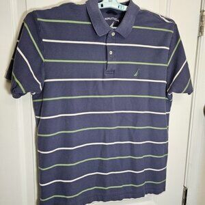 Nautica Polo Shirt Mens L Blue Striped Casual Short Sleeve Adult
